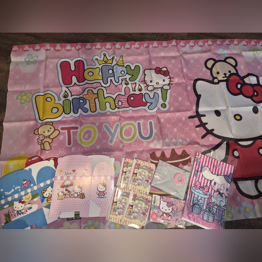 Hello Kitty Birthday Party Supplies Bundle Lot Set - Pink Tapestry Backdrop NWT